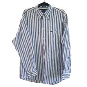 Faconnable Shirt Men's L Blue White Bold Stripe Textured Cotton Button Down